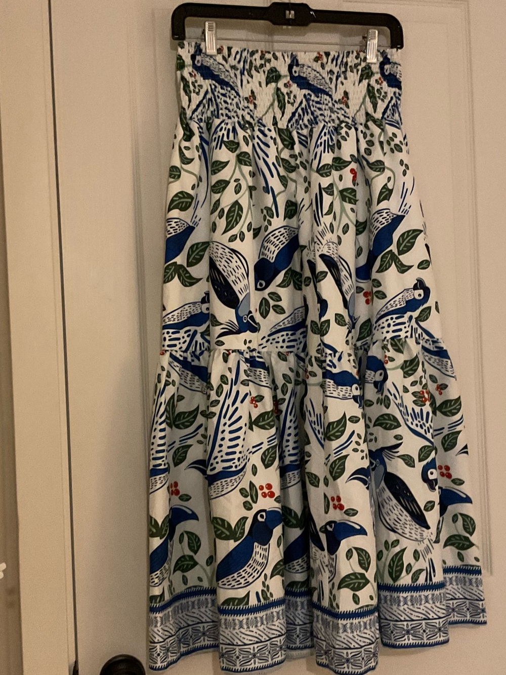 White Maxi Skirt with Blue Bird & Green Leaf Print